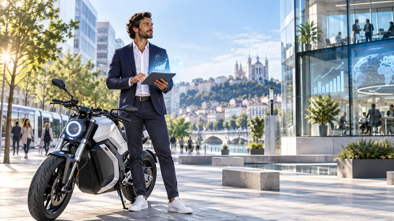 Dirigeant en costume avec un casque de moto devant un immeuble de bureaux