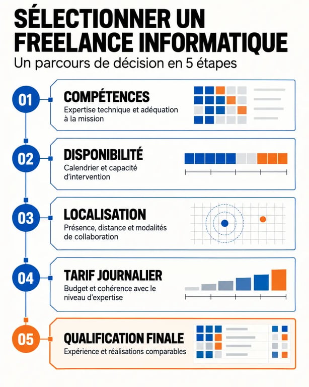 Infographie sur les critères de sélection d’un freelance informatique : compétences, disponibilité, localisation et tarif