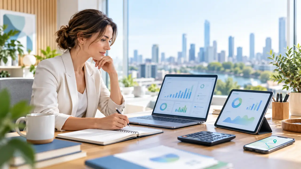 Entrepreneur comparant des outils numériques et son budget sur un ordinateur portable