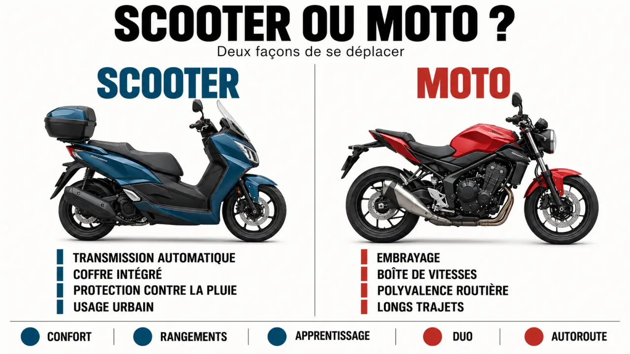 Infographie comparative scooter ou moto selon l’usage, le confort et les trajets