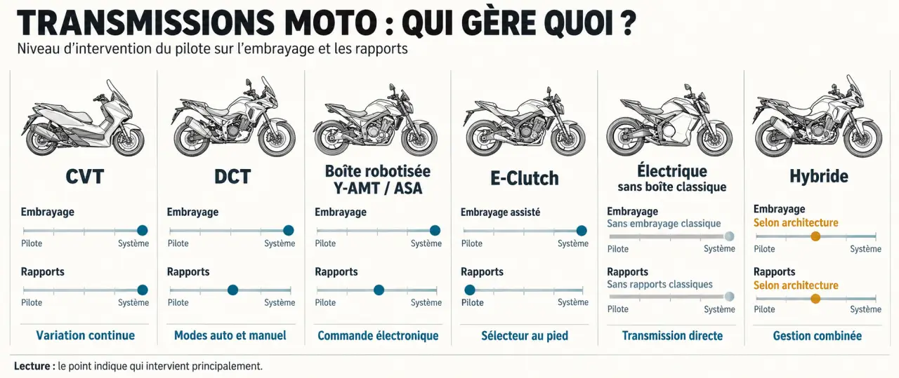 Infographie comparative des principales technologies de moto automatique, de la CVT à la transmission électrique