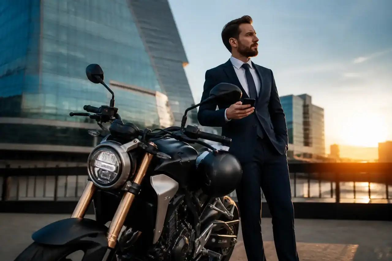 Entrepreneur avec casque de moto devant un quartier d'affaires