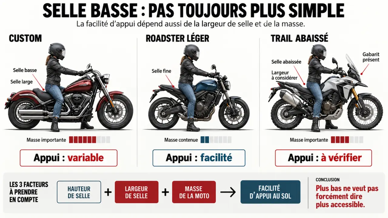 Infographie comparative sur les motos basses, la hauteur et la largeur de selle, le poids et l'appui au sol