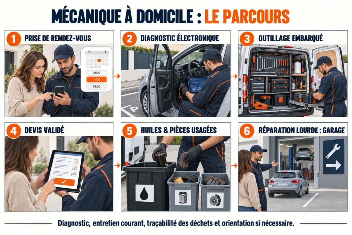 Auto entrepreneur mécanique à domicile : parcours d'une intervention mobile, du diagnostic à la gestion des déchets