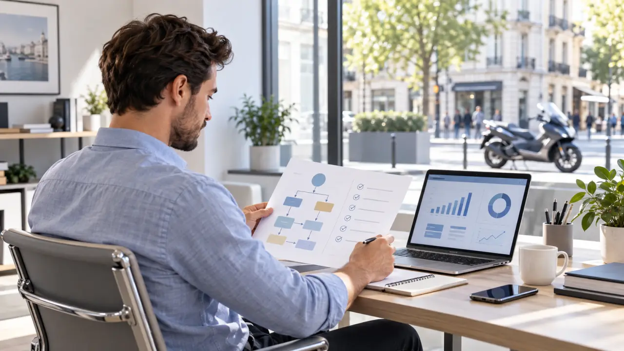 Entrepreneur analysant la structure et les processus de son entreprise