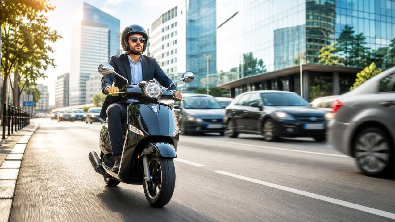 Entrepreneur en costume tenant un casque de moto devant un immeuble de bureaux vitré