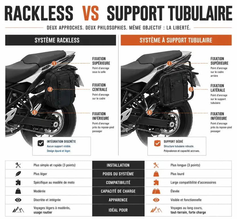 Schéma comparatif bagage moto souple avec support tubulaire et système rackless