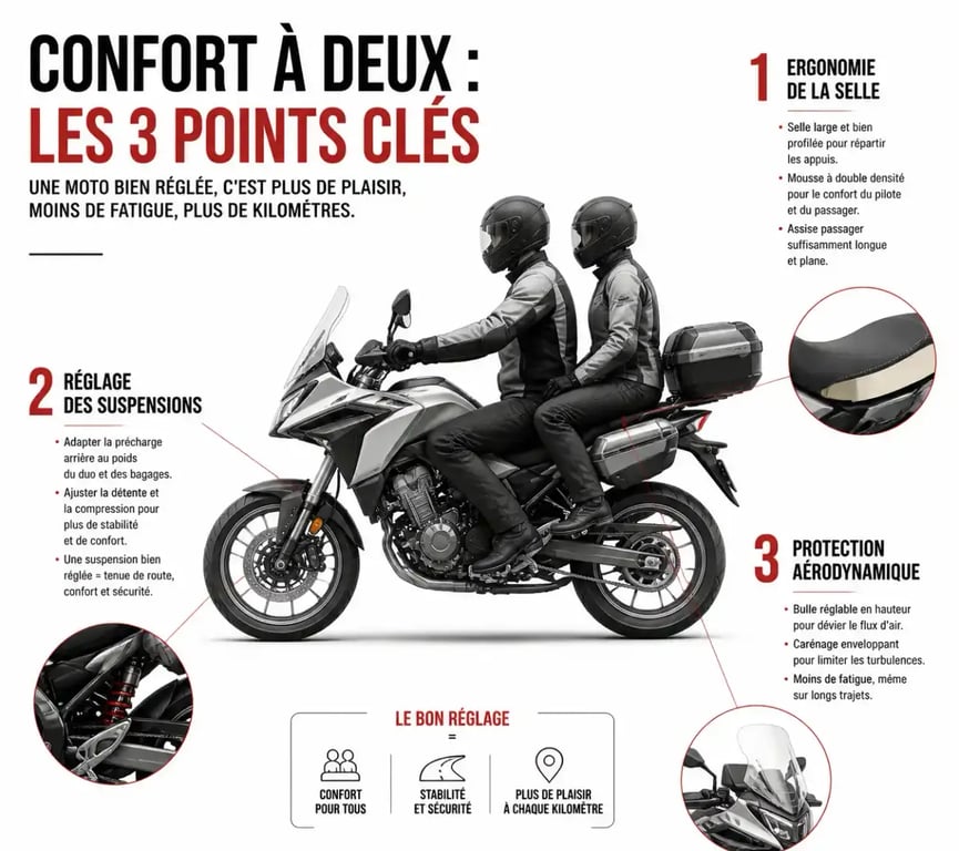 Schéma des points clés pour une moto confortable pour le duo
