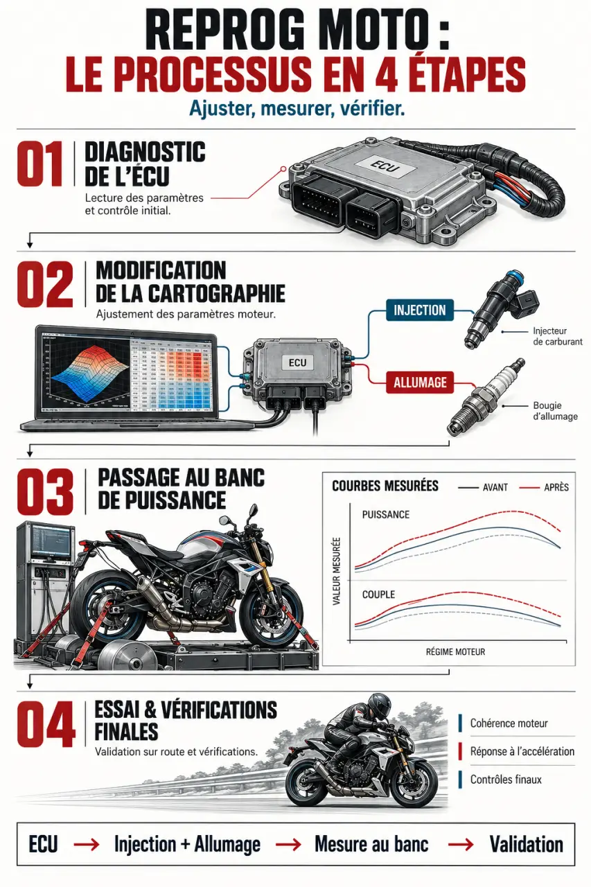 Schéma du processus de reprog moto avec diagnostic ECU et passage au banc de puissance