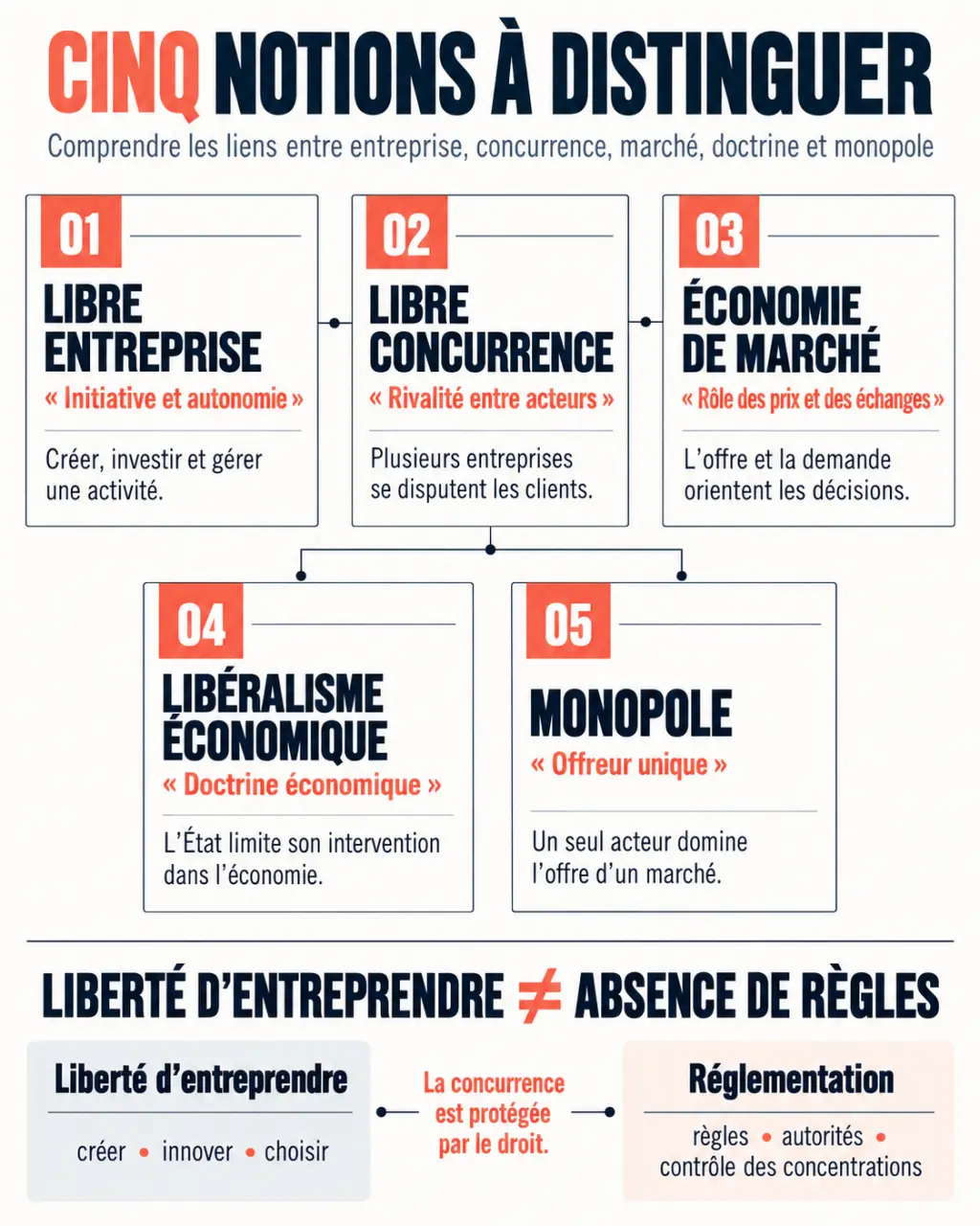 Infographie sur la libre entreprise, la libre concurrence, l'économie de marché et le monopole