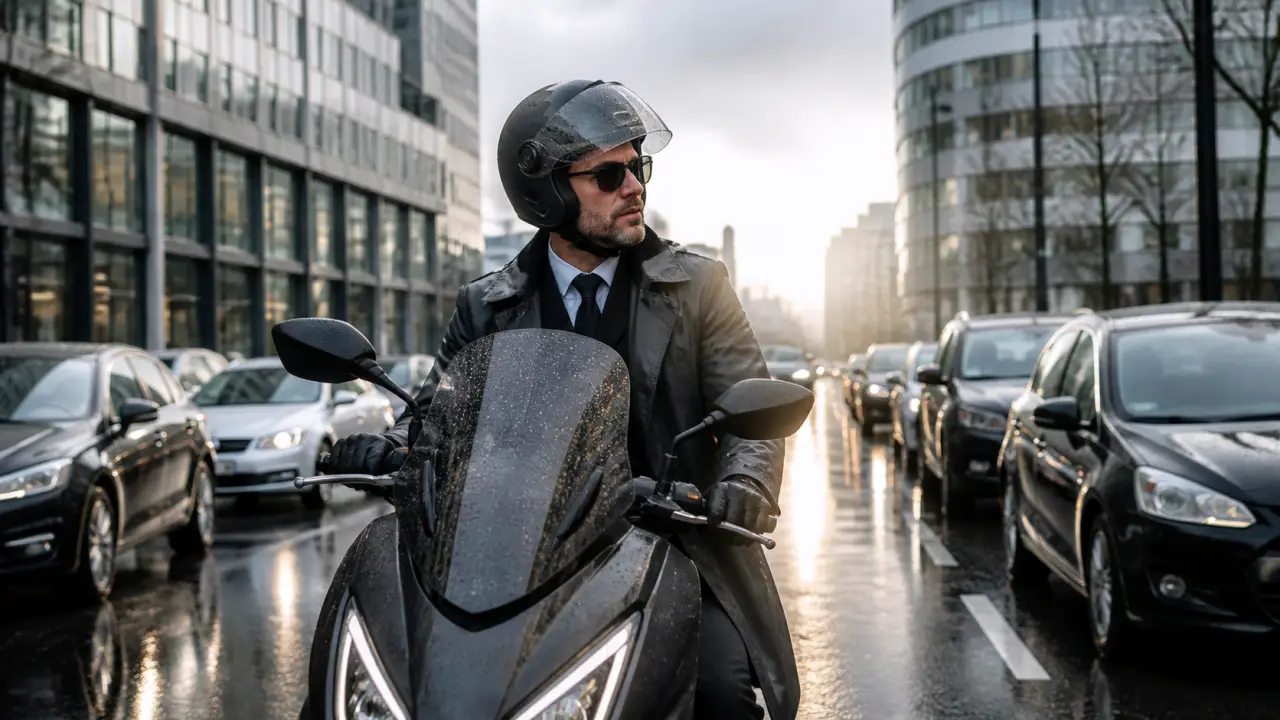 Entrepreneur en costume tenant un casque de moto premium devant un immeuble de bureaux vitré