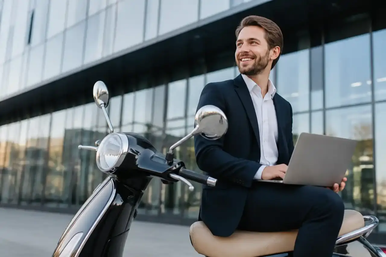 Entrepreneur avec casque de moto devant un quartier d'affaires moderne