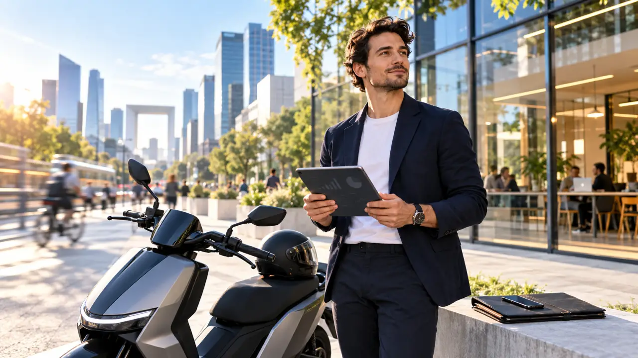 Entrepreneur se déplaçant à moto entre son bureau et ses rendez-vous professionnels