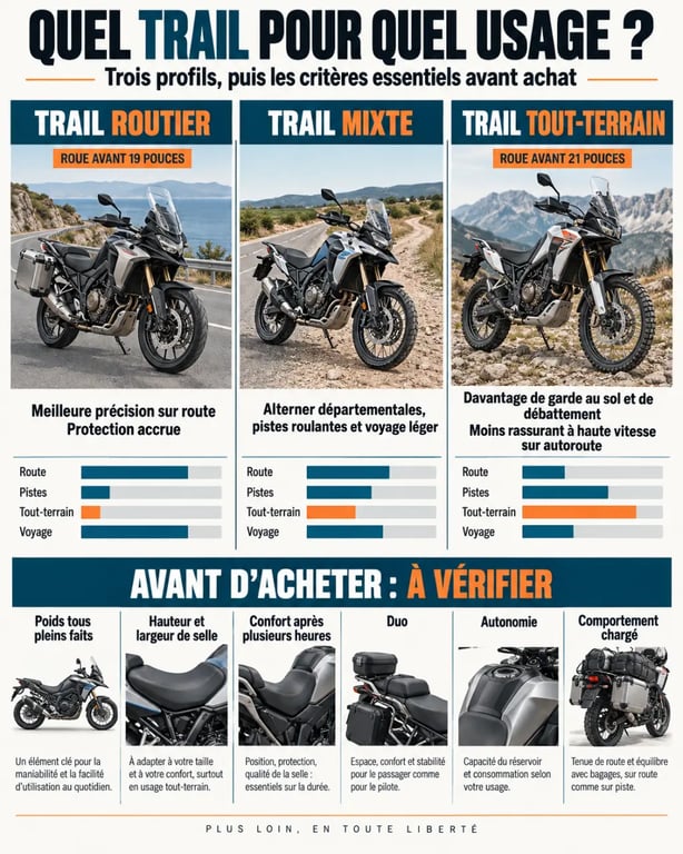 Infographie comparative des critères d'avis moto trail entre trail routier, mixte et tout-terrain