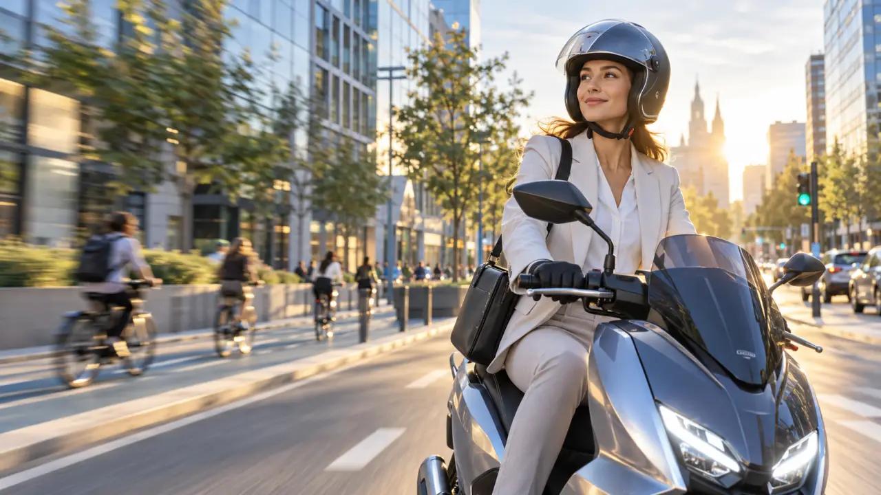 Entrepreneur en costume avec un casque de moto devant un immeuble de bureaux