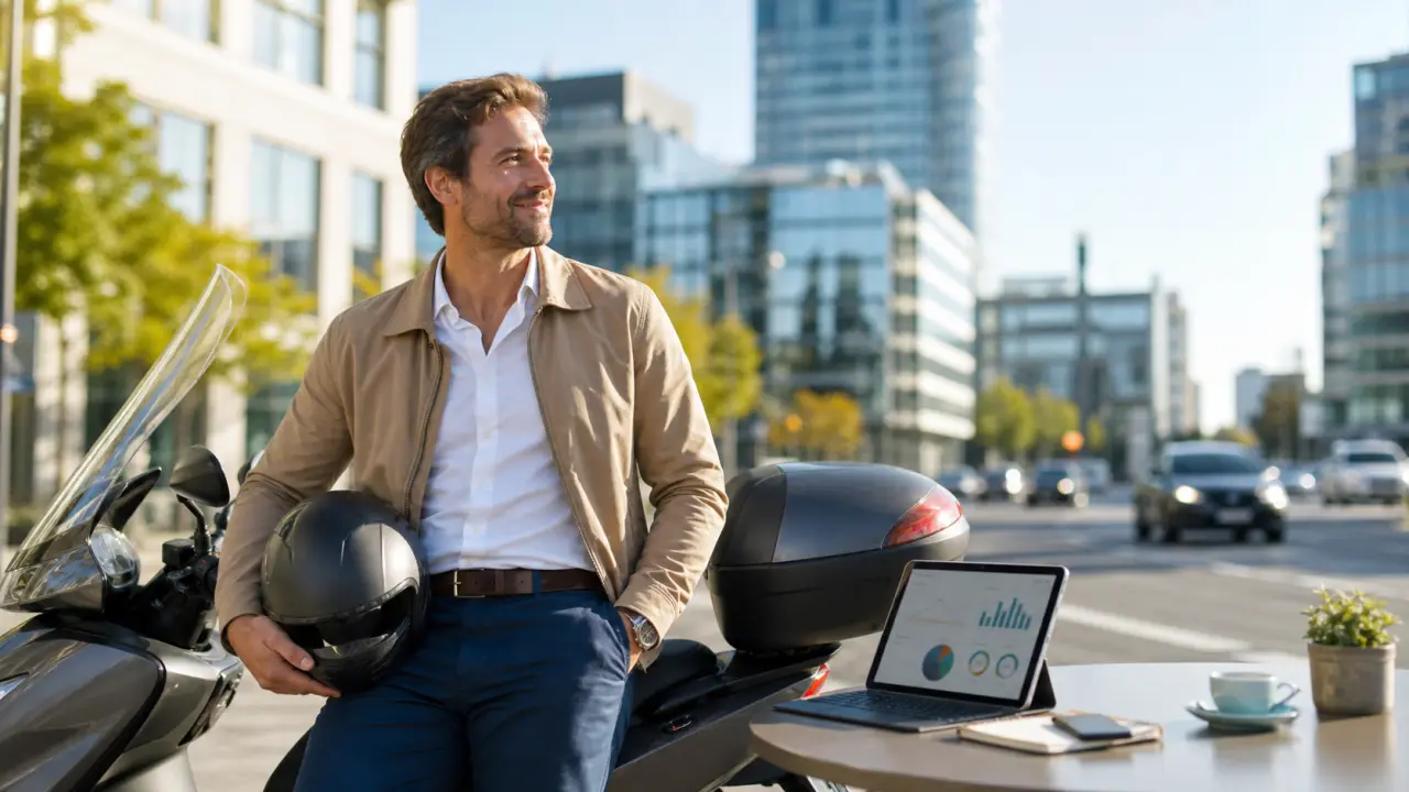 Entrepreneur en costume moderne avec casque de moto devant un immeuble de bureaux vitré