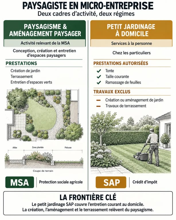 Infographie paysagiste micro entreprise : différence entre activité MSA et petit jardinage SAP